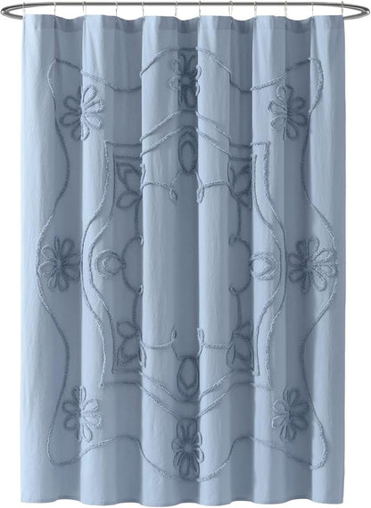 Peri Home Retro Scroll Shower Curtain 72 x 72 inches Blue 1-Piece | Cotton Fabric, Bathroom