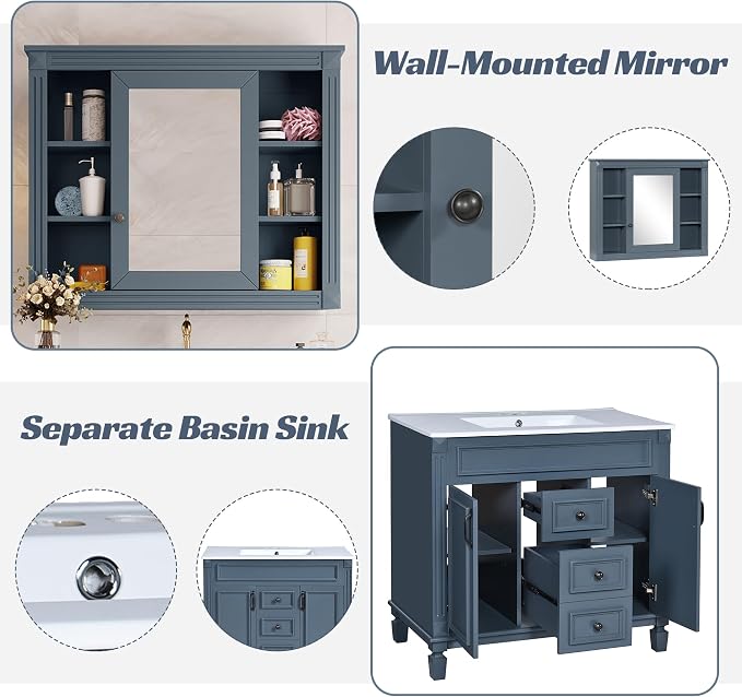 36" Bathroom Vanity with Top Sink, Mirror Cabinet, Modern Bathroom Storage Cabinet with 2 Soft Closing Doors and 2 Drawers, Single Sink Bathroom Vanity