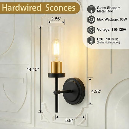 Hardwired Black and Gold Wall Sconce Set of Two Bathroom Sconces | Modern Brushed Gold Vanity Light for Bathroom Mirror Living Room Bedroom Hallway Stairs