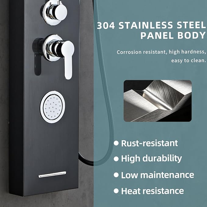 5-In-1Shower Panel Tower System-Brushed Black | 304 stainless steel Shower Panel Column Tower With Powerful Body Jets,Body Spray,Rainfall,Waterfall,Handheld And Tub Spout