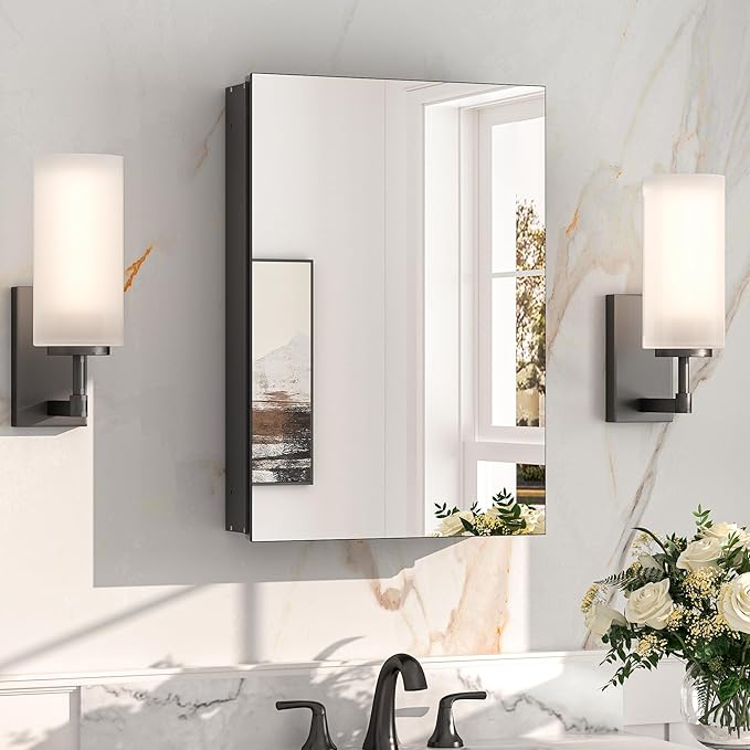 Keonjinn 16"x24" Black Bathroom Medicine Cabinet Mirror, HD Tempered Glass | Assembly Needed, Soft Close with DTC Hinges, Recessed or Wall Mount, Freely Adjustable Shelves, Lightweight Aluminum Frame