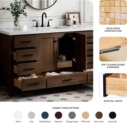 ARIEL Cambridge 60-inch Bathroom Vanity with Sink,Solid Wood, 1.5-inch Italian Carrara Marble Countertop, Single Rectangular Porcelain Sink, 2 Soft Closing Doors, 9 Dovetail Drawers, Brown Oak