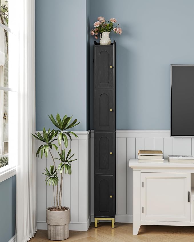 Hzuaneri 4-Tier Narrow Tall Storage Cabinet | Slim Bathroom Storage Cabinet with 4 Adjustable Feet and Shelves, for Living Room, Laundry Room, Black, 7.9"Dx7.9"Wx70.9"H