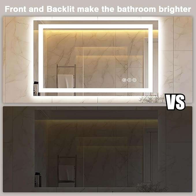 EchosLife 40"x24" LED Bathroom Mirror | Backlit + Front Lit, Anti-Fog, Stepless Dimmable, 3 Colors, Memory, Tempered Glass, UL Listed, Horizontal/Vertical
