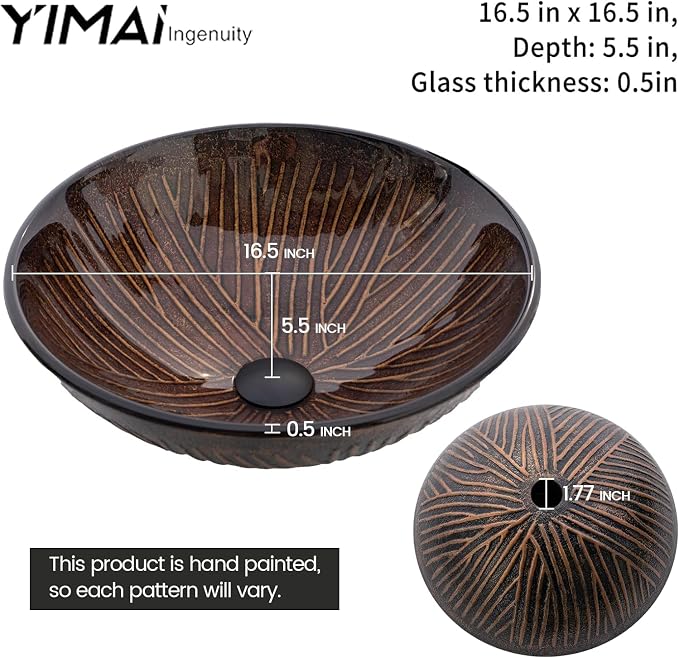 Vessel Sink 16.5" Bathroom Sinks Tempered Glass Brown Art Basin Round Bowl with Faucet Combo, Tree Streak Pattern,Modern Countertop Bowl Sink