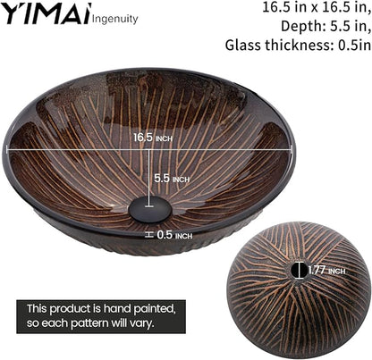 Vessel Sink 16.5" Bathroom Sinks Tempered Glass Brown Art Basin Round Bowl with Faucet Combo, Tree Streak Pattern,Modern Countertop Bowl Sink