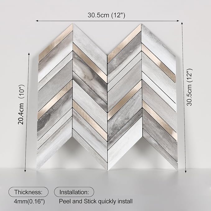 Yipscazo 10-Sheet Wood Grain Herringbone Peel and Stick Backsplash for Kitchen Walls,Heat Resistant PVC Mixed Metal Stick on Backsplash Tiles,Waterproof Peel and Stick Tile for Bathroom&Shower