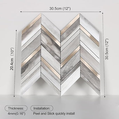 Yipscazo 10-Sheet Wood Grain Herringbone Peel and Stick Backsplash for Kitchen Walls,Heat Resistant PVC Mixed Metal Stick on Backsplash Tiles,Waterproof Peel and Stick Tile for Bathroom&Shower