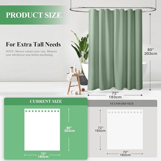 Long Waffle Shower Curtain 256 GSM Heavy Fabric 72x80 Sage Green | 80 Inch Long, Thick Cloth, Weighted Hem, Water Repellent, Hotel Luxury Polyester Shower Curtain Set for Bathroom 12 Hooks