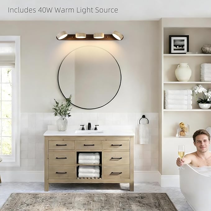 Wood Farmhouse Bathroom Vanity Light,Natural Stone Travertines Walnut Wall Lamp 4 Lights Travertine Shade Wabi Sabi Lamp, Linear Bathroom Vanity Lighting Rotatable 40W LED Wall Fixture Over Mirror