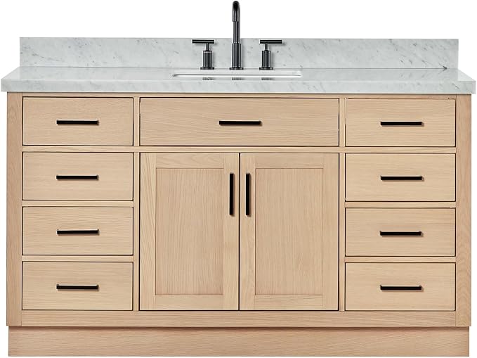 ARIEL Hepburn 60-inch Bathroom Vanity with Sink,Solid Wood, 1.5-inch Italian Carrara Marble Countertop, Single Rectangular Porcelain Sink, 2 Soft Closing Doors, 9 Dovetail Drawers, White Oak