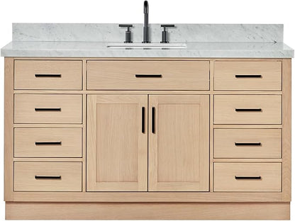 ARIEL Hepburn 60-inch Bathroom Vanity with Sink,Solid Wood, 1.5-inch Italian Carrara Marble Countertop, Single Rectangular Porcelain Sink, 2 Soft Closing Doors, 9 Dovetail Drawers, White Oak