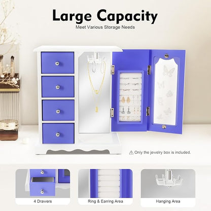 Vintage Wood Jewelry Box with 4 Drawers, Desktop Jewelry Organizer with Glass Door & Mirror, Necklace Ring Storage Display Case Built-in Necklace Carousel, Brown (Purple, 4 Drawers)