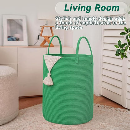 JMvicyroam 60L Cotton Rope Laundry Basket Hamper, Dark Green | Collapsible laundry basket, reinforced handles, freestanding, machine washable, holds 3-5 thick blankets, clothes or toys