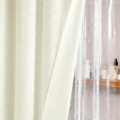 Dynamene Stall Shower Curtain and Liner Set - 60 x 84 inch Long Boho Shower Curtain and Waterproof Clear Liner, Tufted Chevron Striped Tassel Shower Curtains for Bathroom, 10 Hooks, 60x84, Cream