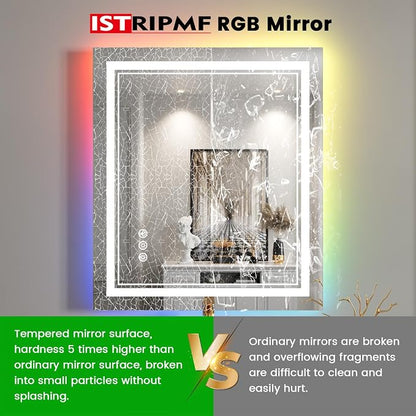 32x36 Inch RGB LED Bathroom Mirror with Lights | Front and RGB Backlit, Dimmable, Memory, Anti Fog, Shatterproof, Horizontal/Vertical, Lighted Mirrors for Bathroom Wall