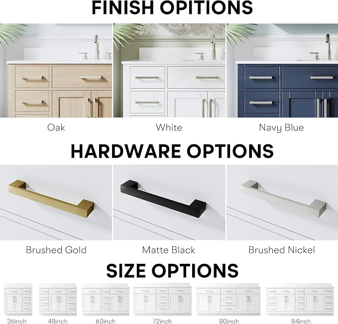 48-Inch Bathroom Vanity with Sink W/ 2 Doors & 8 Drawers & 1 Flip Drawer, White Vanity W/Brushed Nickel Handles