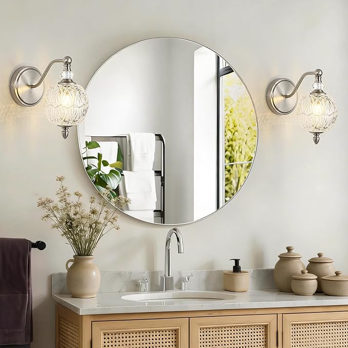 1 Piece Brushed Nickel Wall Sconce, 1-Light Mid Century Modern Brushed Nickel Finish Wall Sconce with Globe Glass Shade, Modern Light for Bathroom, Bedroom, Living Room,Powder Room