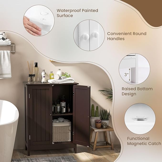COSTWAY Bathroom Storage Cabinet, Freestanding Bathroom Organizers and Storage with Doors & Adjustable Shelf, Wooden Floor Cabinet for Home, Living Room, Entryway, Kitchen (Brown) | Storage with Doors & Adjustable Shelf, Wooden Floor Cabinet for Home, ...