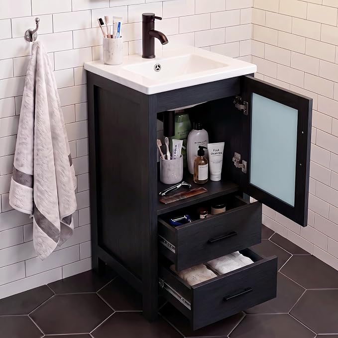 wonline 16 Inch Bathroom Vanity Set with Sink, Small Space Cabinet, Black | Faucet, pop-up drain & hardware included; water-resistant MDF; cultured marble top with ceramic basin; 2 drawers + door