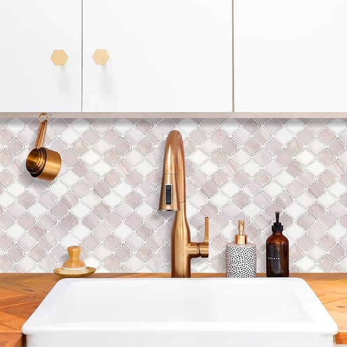 STICKGOO Arabesque Peel and Stick Backsplash, 12”X12” Backsplash Tile for Kitchen Peel and Stick, Self Adhesive Wall Tile Stick on Tiles (Pink Beige White)