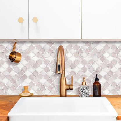 STICKGOO Arabesque Peel and Stick Backsplash, 12”X12” Backsplash Tile for Kitchen Peel and Stick, Self Adhesive Wall Tile Stick on Tiles (Pink Beige White)