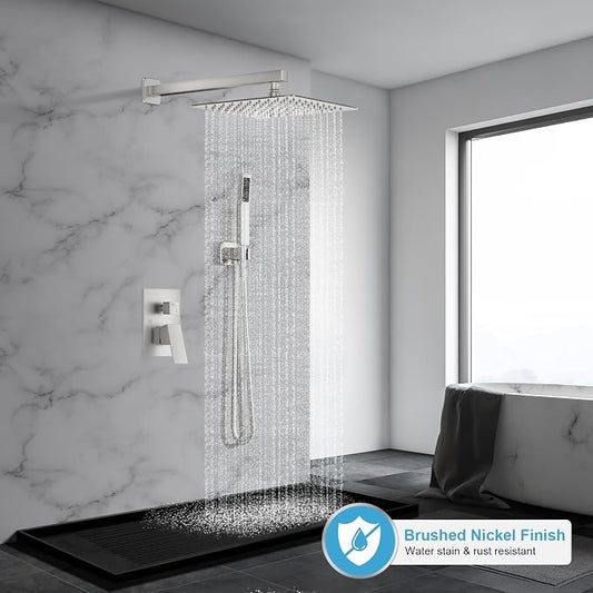 Shower Faucet Set Bathroom Square Rain Shower Head and Handle Set, Wall Mounted Shower Fixtures With Shower Valve and Trim Kit 10 inch Brushed Nickel