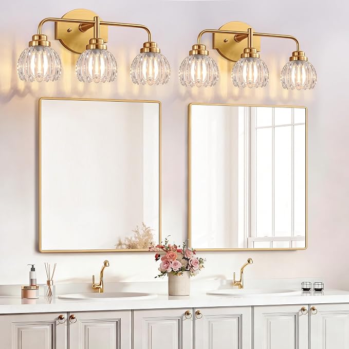 Vintage Bathroom Vanity Light, 3 Light Brushed Gold Fixture Over Mirror | Vintage Vanity Light, Brushed Gold Metal & Crystal Glass Shade, 3 Light Fixture Over Mirror for Bathroom Bedroom