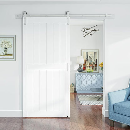 SMARTSTANDARD 42" x 96" White Sliding Barn Door with 7FT Silver Hardware | Pre-Drilled Ready to Assemble, Waterproof PVC Coating, H-Frame