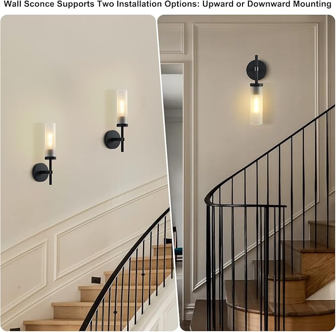 15" Hardwired Frosted Glass Bathroom Wall Sconces, Handmade Knurled Black Wall Light Fixture,Modern Vanity Lights, for Living Room,Hallway, Bedroom,Mirror, Indoor Sconces