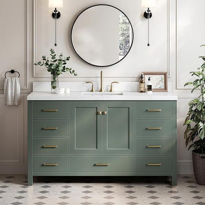 ARIEL Cambridge 60-inch Bathroom Vanity with Sink,Solid Wood, 1.5-inch Carrara White Quartz Countertop, Single Rectangular Porcelain Sink, 2 Soft Closing Doors, 9 Dovetail Drawers, Vintage Green