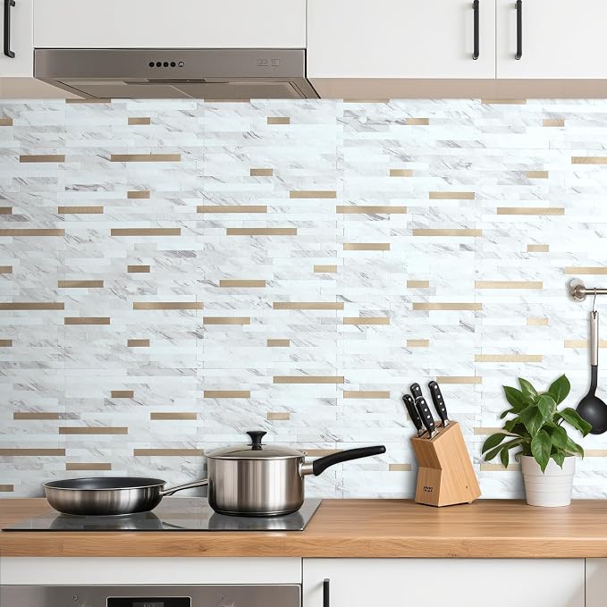 AULIGET 2 Sheets Faux Stone White Marble Peel and Stick Backsplash, PVC Mixed Metal Champagne Gold Wall Tile Stick on Backsplash for Kitchen and Bathroom