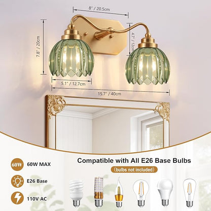 Vintage Gold Vanity Lights, 2-Light Green Tulip, Antique Brass Finish | Brushed Gold Bathroom Light Fixtures, Crystal Wall Sconce Ideal for Bedroom, Living Room, E26 Compatible, Easy Install