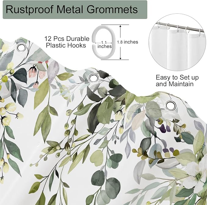 Sage Green Floral Eucalyptus Shower Curtain with Hooks, 72x72 Inch | Waterproof Fabric, Watercolor Leaves and Floral, Botanical Style, Machine Washable, Quick-Drying, for Hotel Bathroom