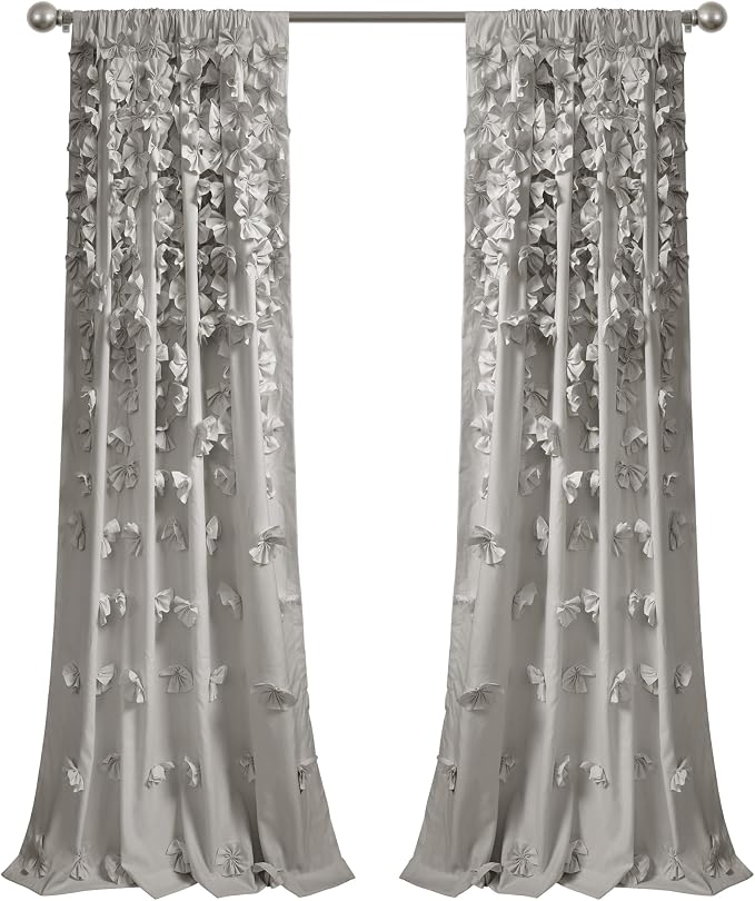 Lush Decor Riley Light Filtering Window Curtain Panel, Single 54" W x 84" L, Light Gray - Cute Gray Curtains for Bedroom - Bow Decor - Coquette Curtains for Windows