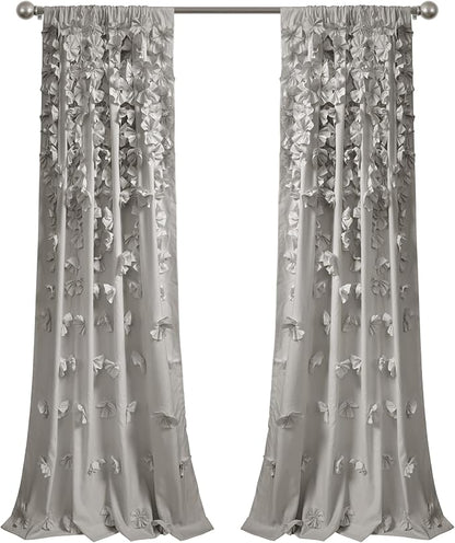 Lush Decor Riley Light Filtering Window Curtain Panel, Single 54" W x 84" L, Light Gray - Cute Gray Curtains for Bedroom - Bow Decor - Coquette Curtains for Windows
