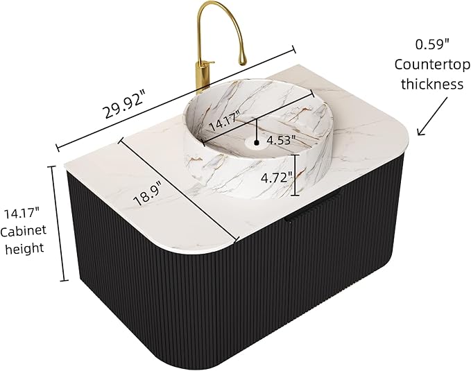 30'' Floating Vanity with Sink Combo, Modern Wall-Mounted Curved Edges Striped Bathroom Storage Cabinet with Soft-Close Drawer and White Stone Pattern Basin, Black