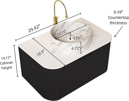 30'' Floating Vanity with Sink Combo, Modern Wall-Mounted Curved Edges Striped Bathroom Storage Cabinet with Soft-Close Drawer and White Stone Pattern Basin, Black