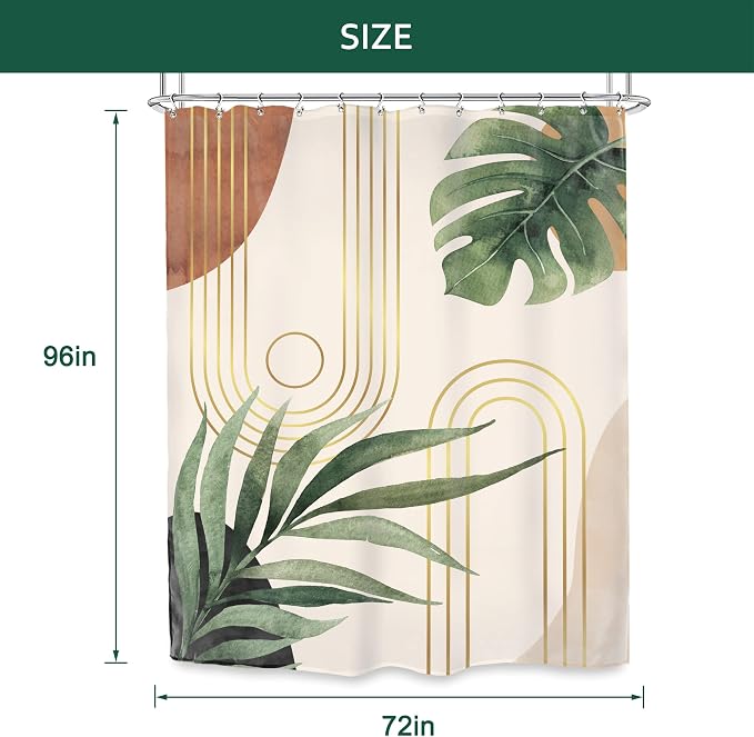 Extra Long Green Shower Curtain Boho Mid Century Bathroom Curtain Set | Leaf Abstract Plant Botanical Tropical Bohemian Palm Leaves 72Wx96L Bathroom Decor Waterproof Fabric with Free Hooks