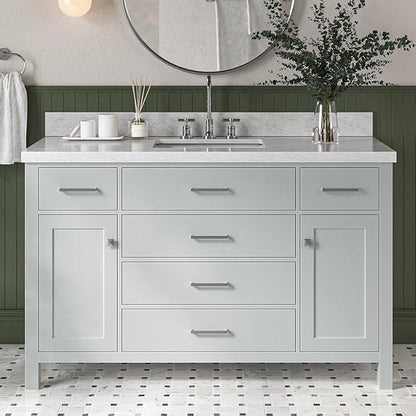 Alenza 54" Grey Bathroom Vanity with Sink, 1.5" Italian Carrara Marble Countertop, Rectangular Undermount Sink, 2 Soft Closing Doors, 5 Dovetail Drawers