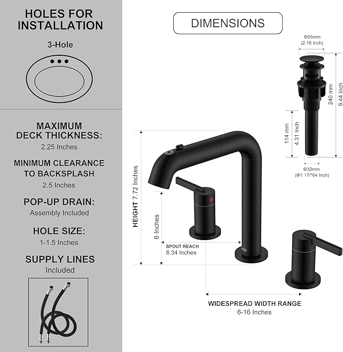 KENES Matte Black Pull Out Bathroom Faucet, 8 Inch 2 Handle Widespread Bathroom Faucet 3 Hole with Pull Down Sprayer, Bathroom Sink Faucet with Pop Up Drain & Supply Lines LJ-9058A-2