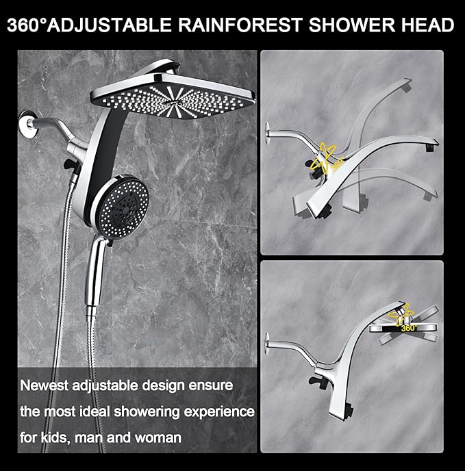 12" High Pressue Rain Shower Head with Handheld, 9 Sprays Hand Showerhead | Shower Heads with Handheld Spray Combo, Dual Head, Built-in Magnetic Docking, Power Jets, 59" Shower Hose, Chrome 1.8GPM
