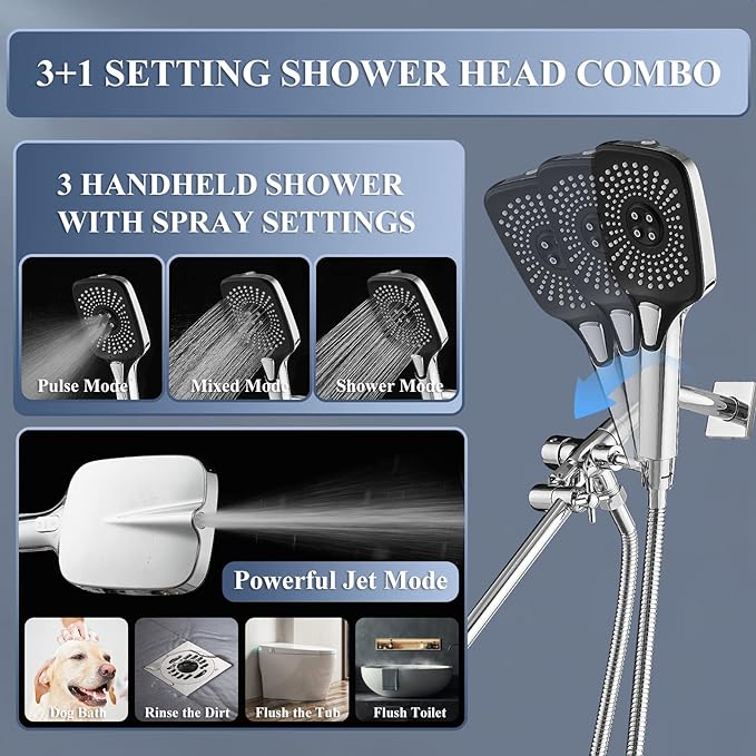 Shower Head with Handheld, 12 Inch Dual Shower Head with Extention Arm, High Pressure Rain Shower Heads, Rainfall Waterfall Showerhead with 3-Way Diverter - Height/Angle Adjustable(Chrome)