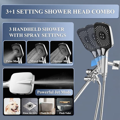 Shower Head with Handheld, 12 Inch Dual Shower Head with Extention Arm, High Pressure Rain Shower Heads, Rainfall Waterfall Showerhead with 3-Way Diverter - Height/Angle Adjustable(Chrome)