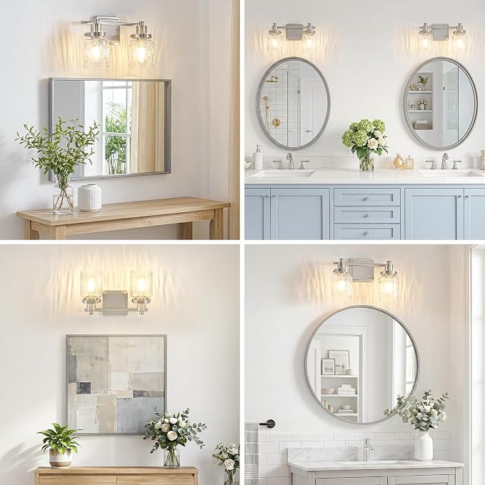 2 Light Bathroom Vanity Light Fixtures Modern Brushed Nickel | ETL Certificate, Easy to Install,Wall Mount Up or Down,Hammered Glass Lampshade,E26 Socket,Hardwired,120V