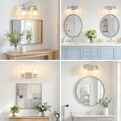 2 Light Bathroom Vanity Light Fixtures Modern Brushed Nickel | ETL Certificate, Easy to Install,Wall Mount Up or Down,Hammered Glass Lampshade,E26 Socket,Hardwired,120V