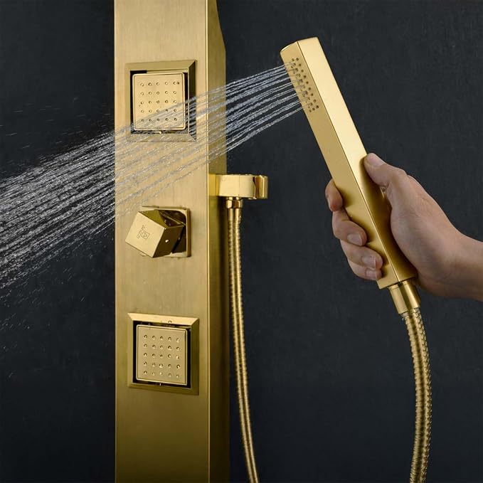 ANZZI Aura Series 39" Shower Panel Tower System | Full Body 2-Jetted Shower Tower, Head Panel with Heavy Rain Overhead, Euro-Grip Wall Mount Handheld Wand, DIY Friendly – Brushed Gold