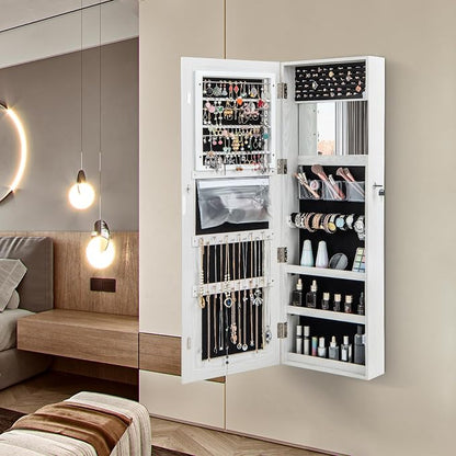 GOFLAME LED Mirror Jewelry Cabinet 47”, Wall/Door Mounted Full Length Mirror with Storage, 3-Color Lights, Interior Makeup Mirror, Lockable Jewelry Storage Organizer, Jewelry Armoire, White