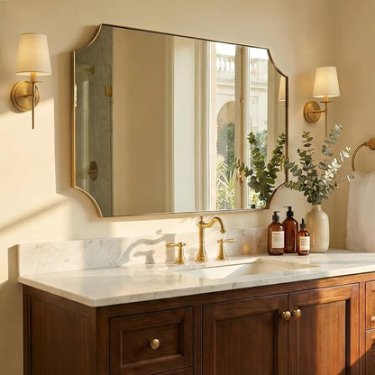 36"x48" Large Bathroom Mirror, Brushed Gold Vanity Mirror, Scalloped Rectangle Mirror in Anti-Rust Stainless Steel Thin Frame, Aesthetic Scalloped Corner Design, Ideal for Home Remodel