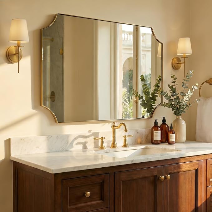 30x48 Inch Brushed Gold Mirror, Unique Rectangle Mirror for Bathroom, Large Scalloped Bathroom Mirror with Rust-Proof Stainless Steel 1" Frame, Hangs Vertically or Horizontally